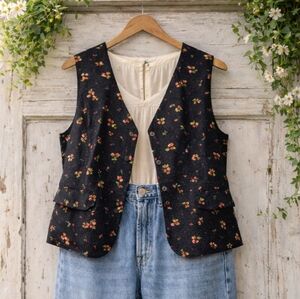 Vintage Cottagecore Navy Blue Floral Corduroy Vest XL